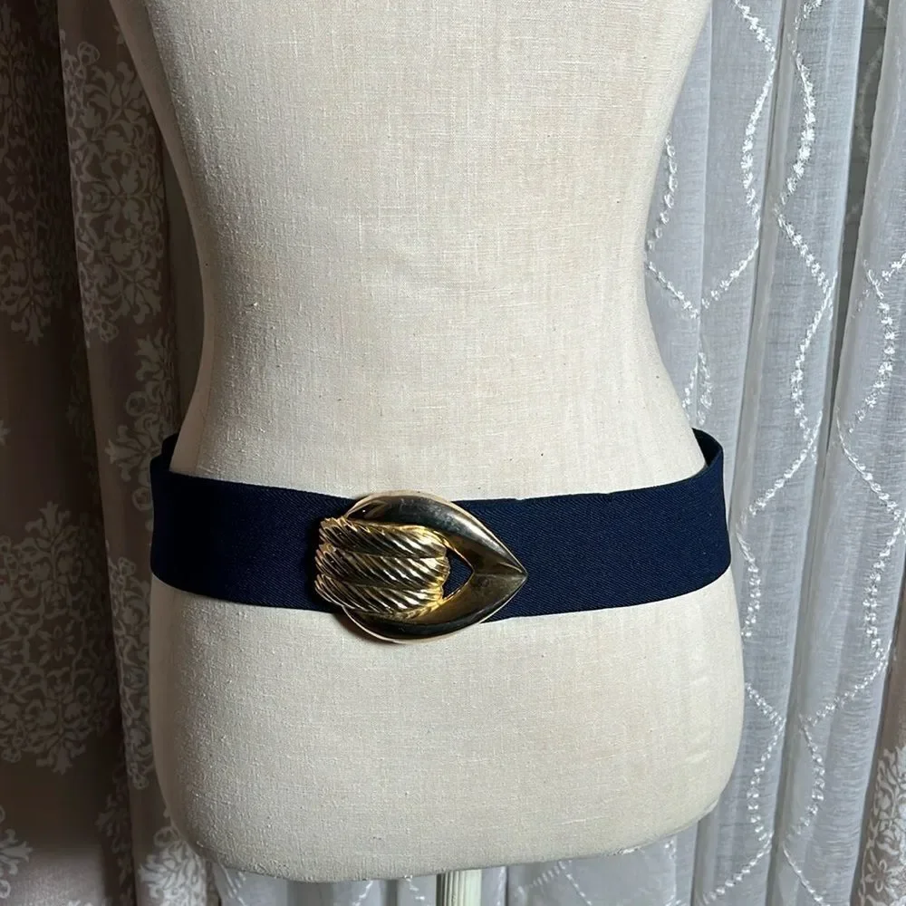Vintage navy  Elastic Stretch Belt with metal gold buckle
